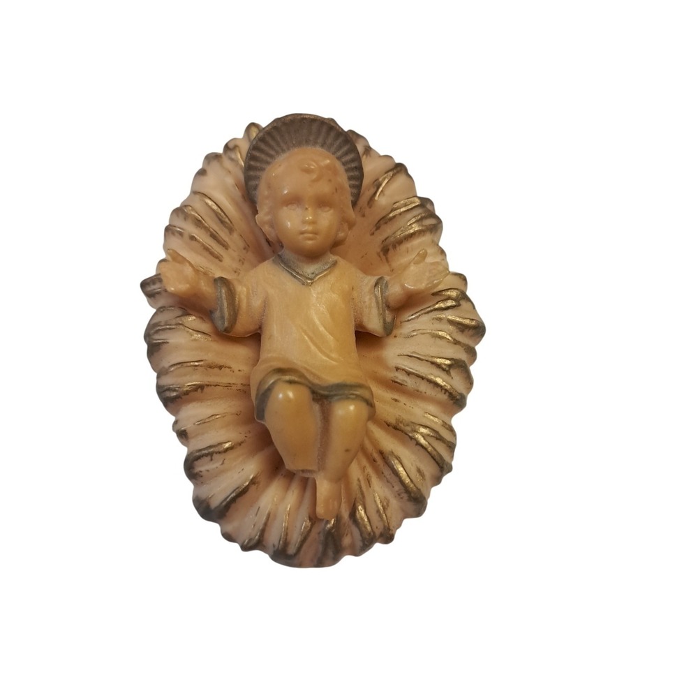 2 PC VTG Baby Jesus in Crib Christmas Plastic Nativity Figurine Hong Kong 1962